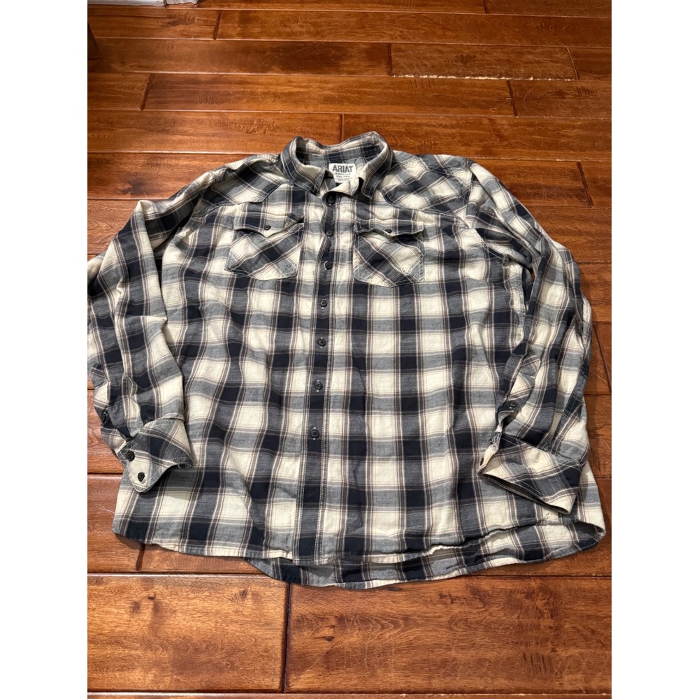 Ariat Retro Fit Mens XXL Plaid Button Down Shirt Western Long Sleeve Navy Cream